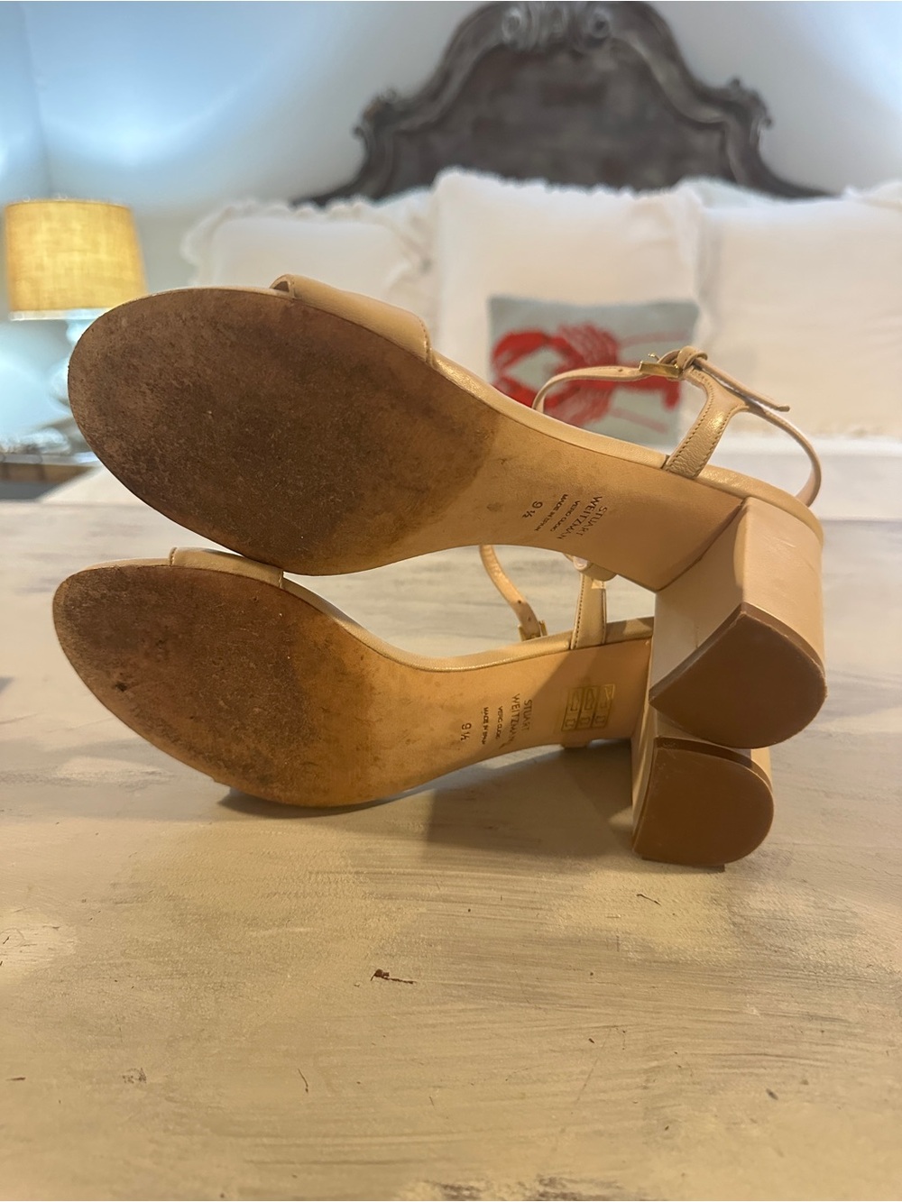 Stuart Weitzman Solo Leather Block Heel Nude Sandal - Picture 5 of 5